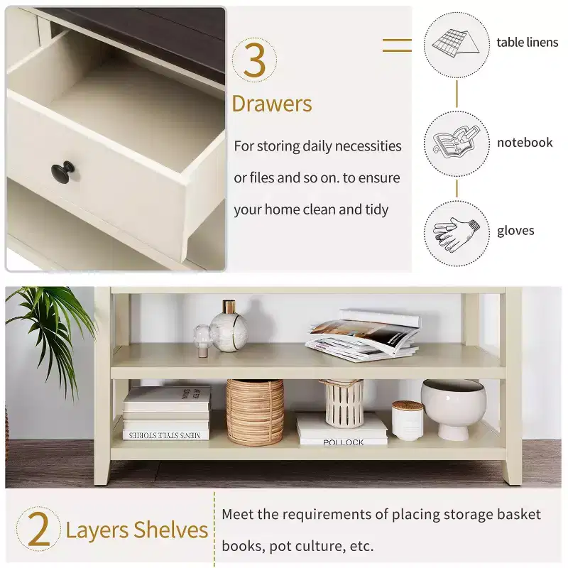 Whisen Modern Design Console Table with 3 Drawers and 2 Open Shelves