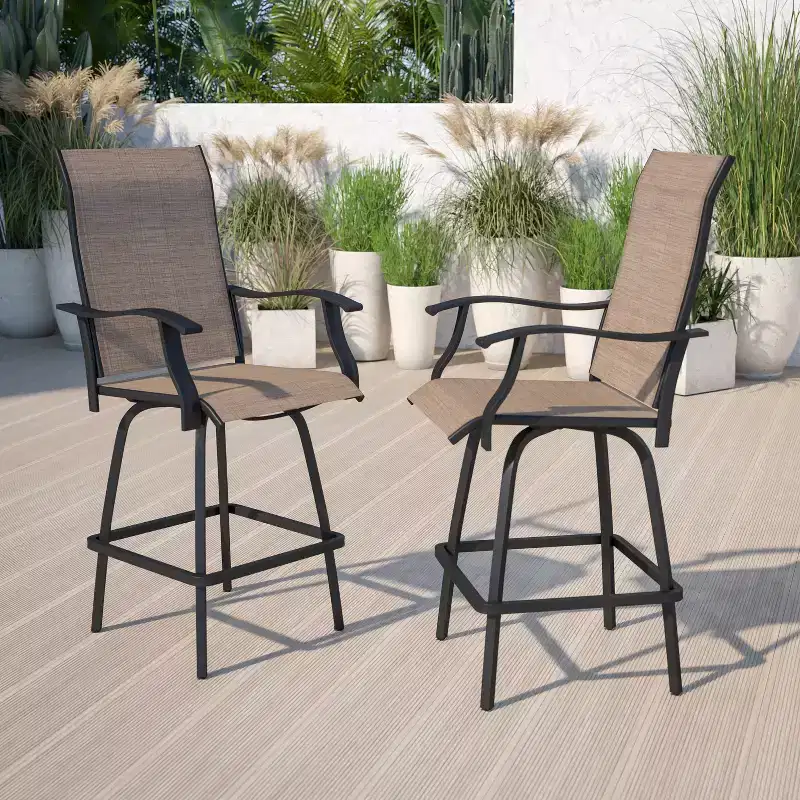 Flash Furniture Valerie Patio Bar Height Stools Set of 2, All-Weather Textilene Swivel Patio Stools and Deck Chairs with High Back & Armrests