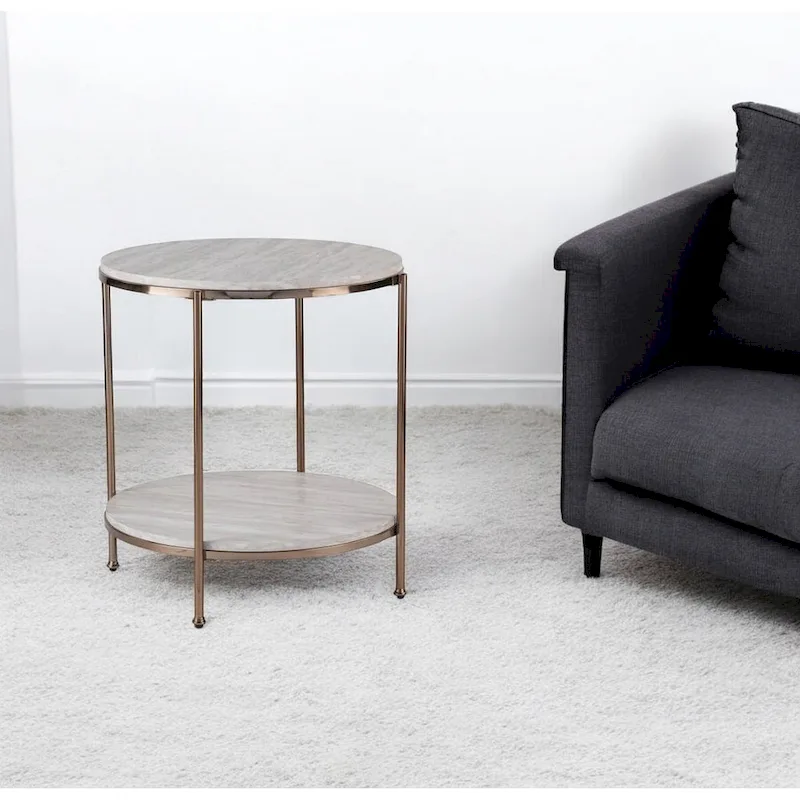 HomeRoots 24 Champagne Faux Marble And Iron Round End Table With Shelf - 22x22x24.25