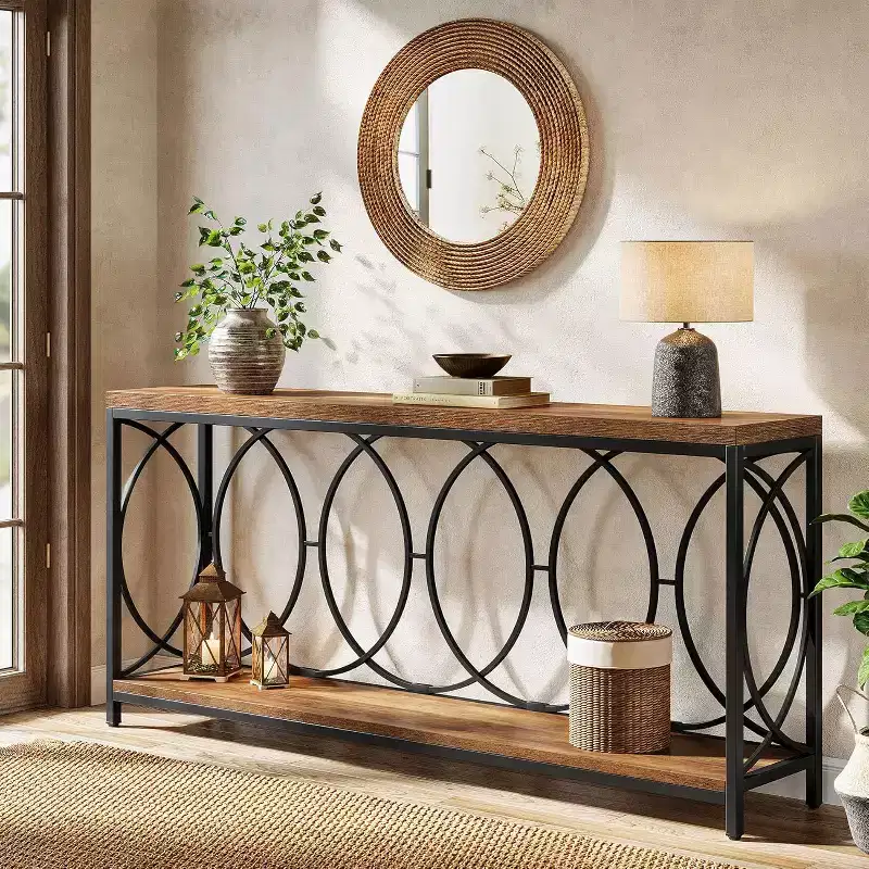 70.9-Inch Extra Long Console Table, 2-Tier Industrial Sofa Table Behind Couch with Storage Shelf, Narrow Entryway Console for Living Room