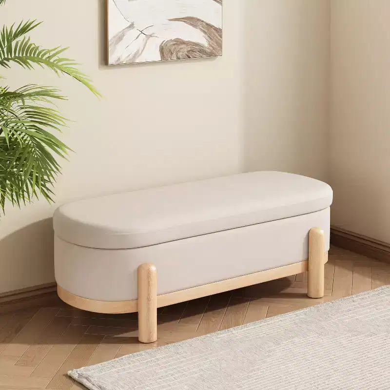 Modern Upholstered Storage Oval Ottoman with Solid Wood Legs