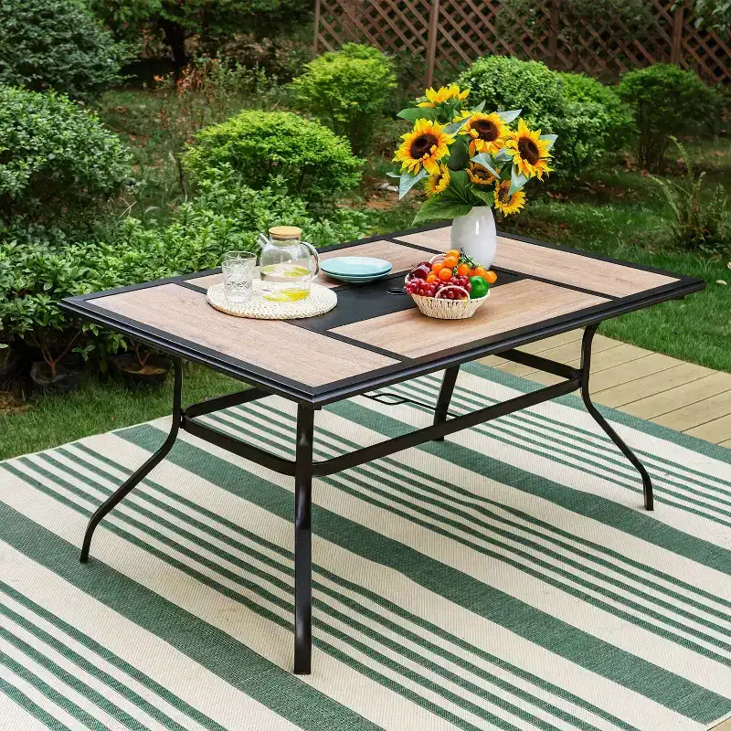7pc Outdoor Dining Set: Black/Beige, Steel Frame, Water & Rust Resistant, 6 Arm Chairs, Rectangle Table, Patio Furniture