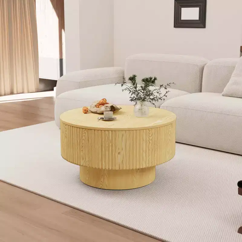 29.53  MDF modern circular coffee table with circular stripe design and storage space, for home and kitchen