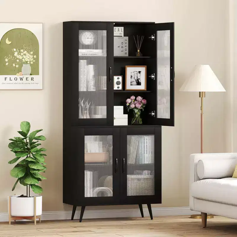 Kitchen Pantry Cabinet with Translucent Fluted Doors & Adjustable Shelf, 70.5