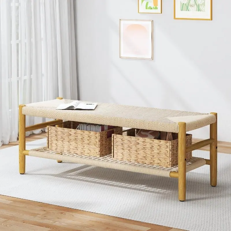 Boho Farmhouse Solid Wood Entryway Shoe Bench with Hand Woven Rope Design and Two Baskets, Natural End To Bed Bench