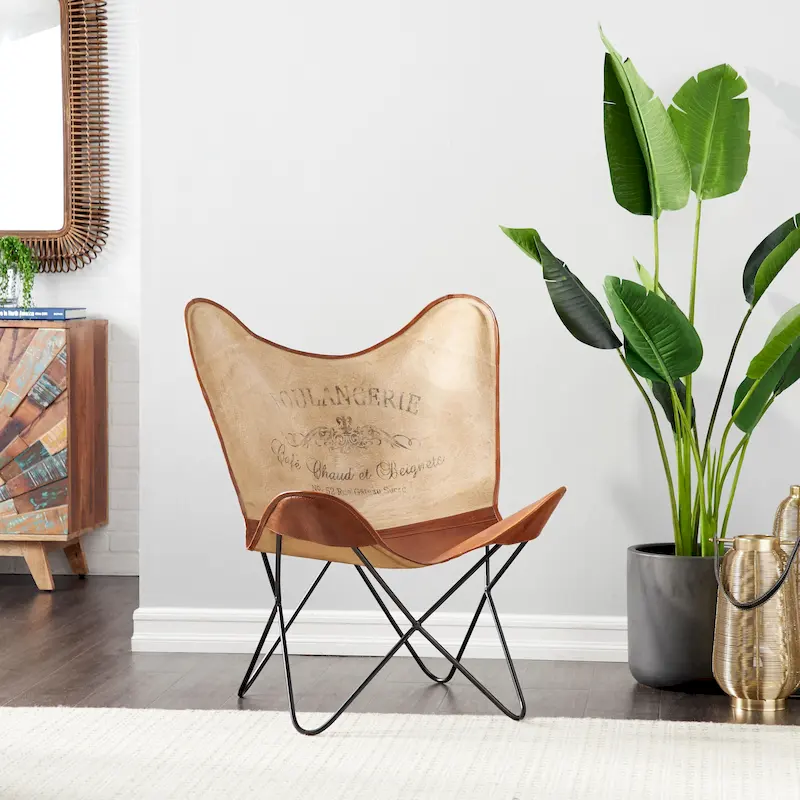 White, Gray, Brown, Light Brown or Brown Beige Leather Handmade Butterfly Chair with Black Stand
