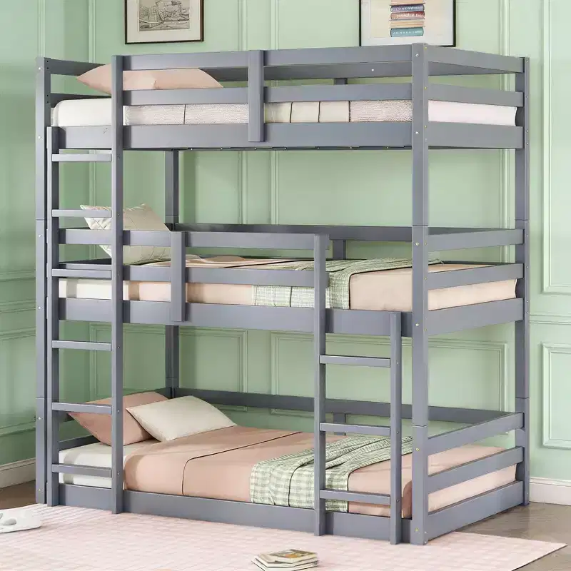Twin Triple Wood Bunk Bed with 2 Built-in Ladders, Detachable into 3 Twin Beds