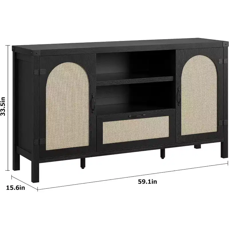 Wood & Rattan Sideboard Cabinet 59.1''W x 18.43''D x 8.07''H
