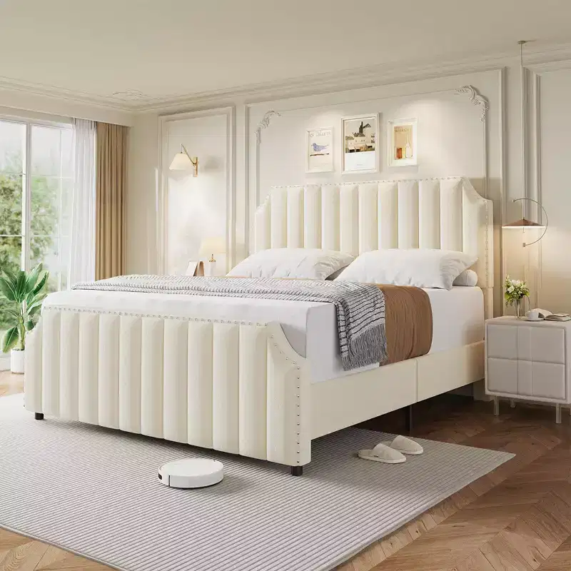 King Size Velvet Bed Frame, 50.2 Tall Headboard & Footboard, Upholstered Platform King Bed Frame with Nailhead Trim, No Box Spring Needed