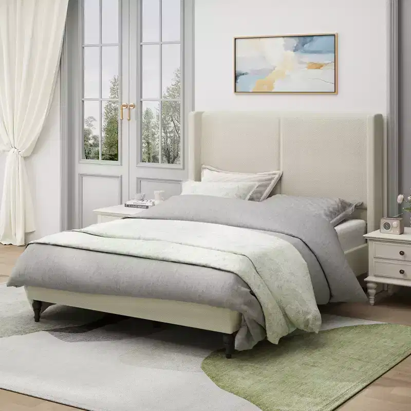 GDFStudio Winfred Boucle Upholstered Wood Bed with 55 Wingback Headboard