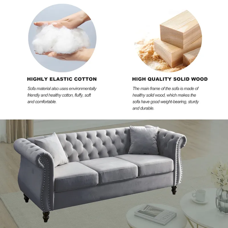 3-Seater Chesterfield Upholstered Tufted Sofa with Rolled Arms and Nailhead