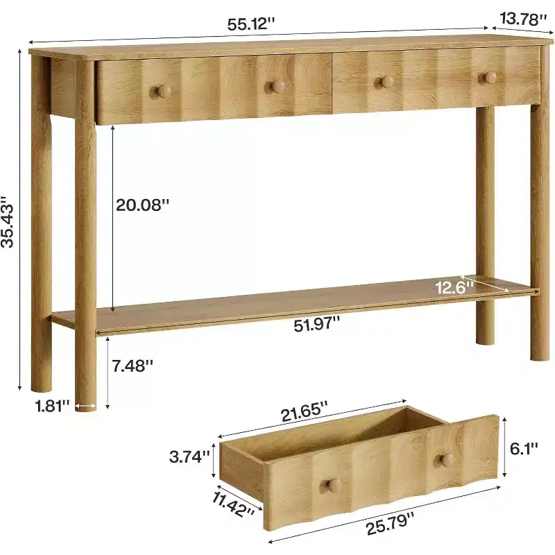 55-Inch Console Table with 2 Drawers, Fluted Entryway and Narrow Sofa Table with Open Shelf for Living Room, Hallway, Foyer, Light Oak