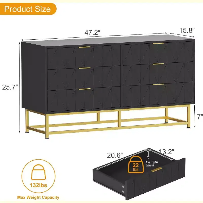 Wood Dresser for Bedroom, Wide Chest of Drawers with 6 Drawer, Large Storage Tower Unit, Closet Store Organizer for Living Room, Hallway