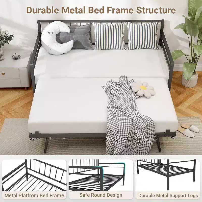 Twin Daybed with Pop Up Trundle, Metal Day Bed Frame LED Lights Day Bed with Trundle Bed Twin, Black Daybed for Living Room, Bedroom