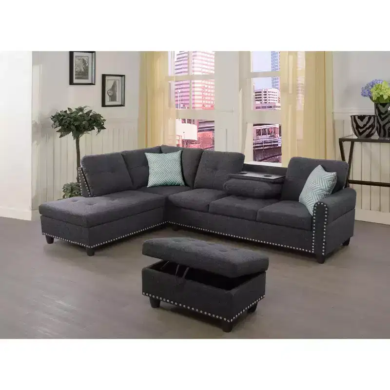 Okak 98 L-Shaped Sectional Couch with Movable Ottoman&2 Throw Pillows, Modern Linen Upholstered Sofa Chaise for Living Room,Apartment