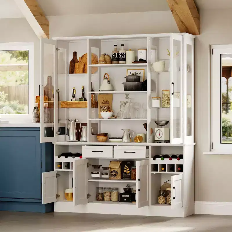 White Kitchen Cabinet with Glass Doors, Wine Rack & Multi-Storage Zones