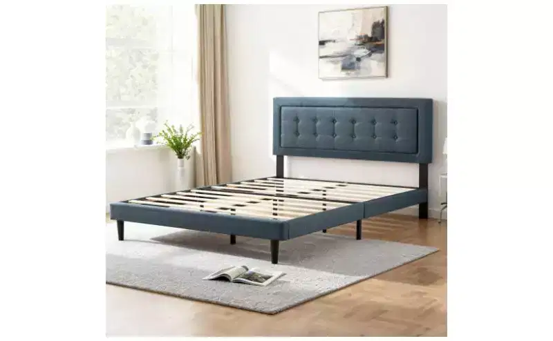 Okak Modern Queen Size Platform Bed Frame with Velvet/Linen Upholstered Headboard & Slats Support,Classic Wooden Bed for Primary Bedroom