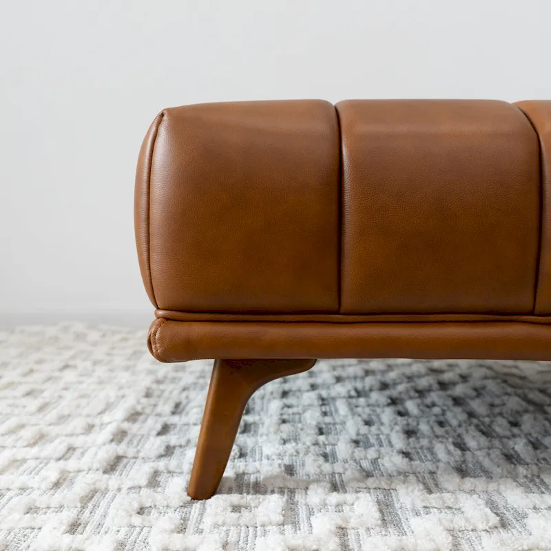 Kameron Mid-Century Tufted Upholstered Tufted Back Leather Ottoman in Tan