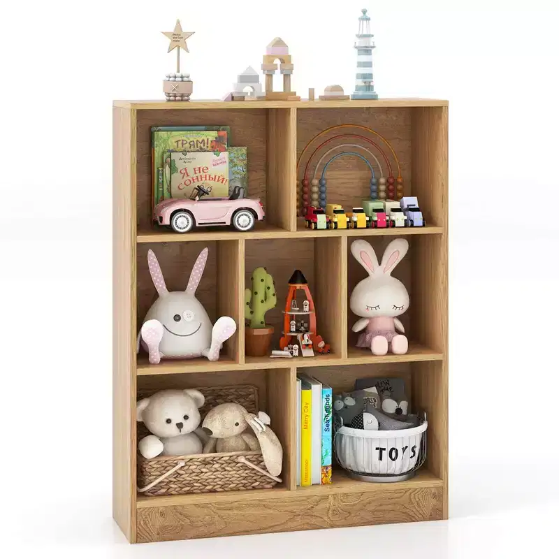 Costway 7-Cube Bookcase for Kids 41 Wooden Toy Storage Organizer Freestanding Bookshelf Brown/White