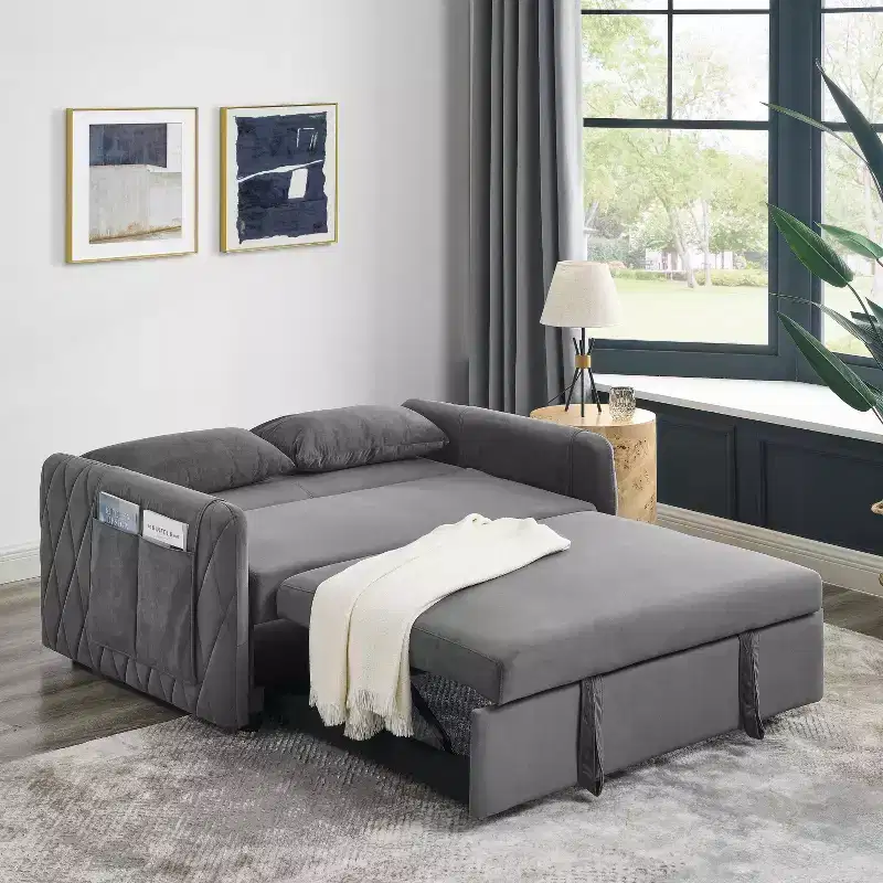 Gray Velvet 2-Seater Convertible Sofa Bed with Pull-Out Bed