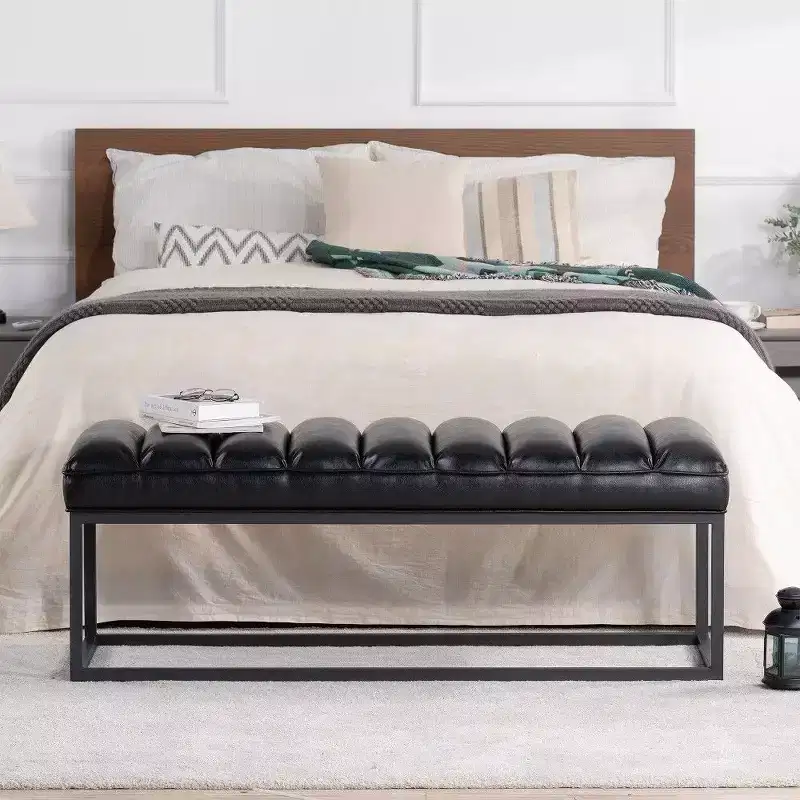 TUYOHW 54 Inch Upholstered PU Leather Bench with Metal Base,Modern Entryway Bench for Bedroom Living Room