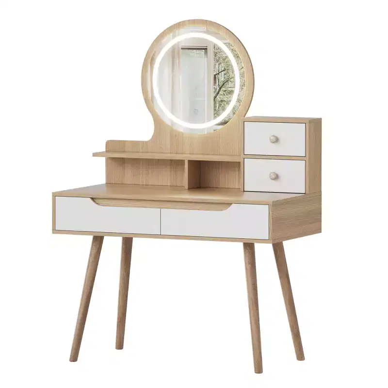 Makeup Vanity with LED Lights, 4 Drawers & 3 Shelves, Solid Wood Frame