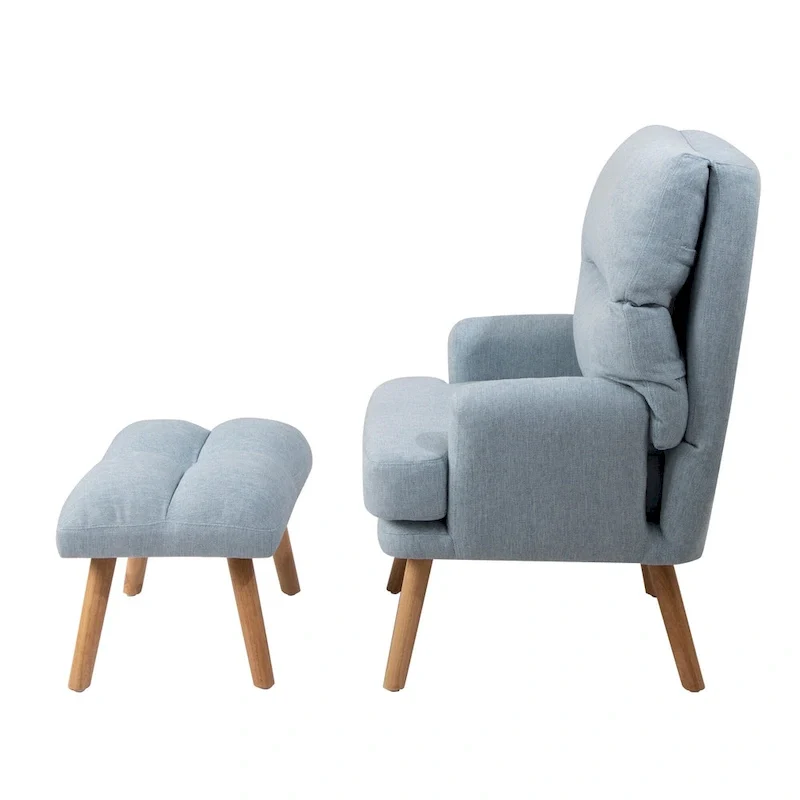 Accent Chair with Ottoman Set, Fabric Armchair with Wood Legs and Adjustable Backrest , Mid Century Modern Comfy Lounge Chair
