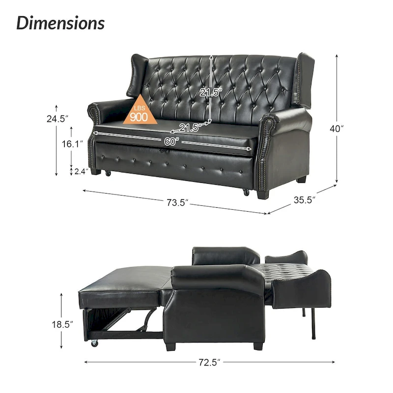 Ruedi Transitional 73.6 Vegan Leather Sofa Bed with Tufted Back and Nailhead by HULALA HOME