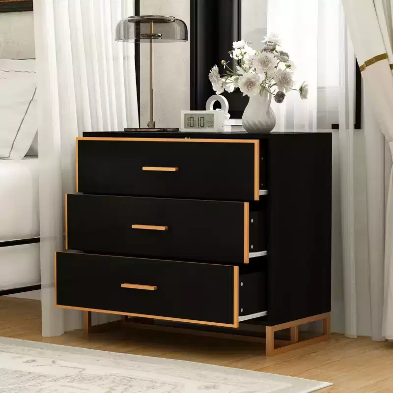3-Drawer Modern Nightstand with Open Metal Frame, Black & Gold Finish, 28.7