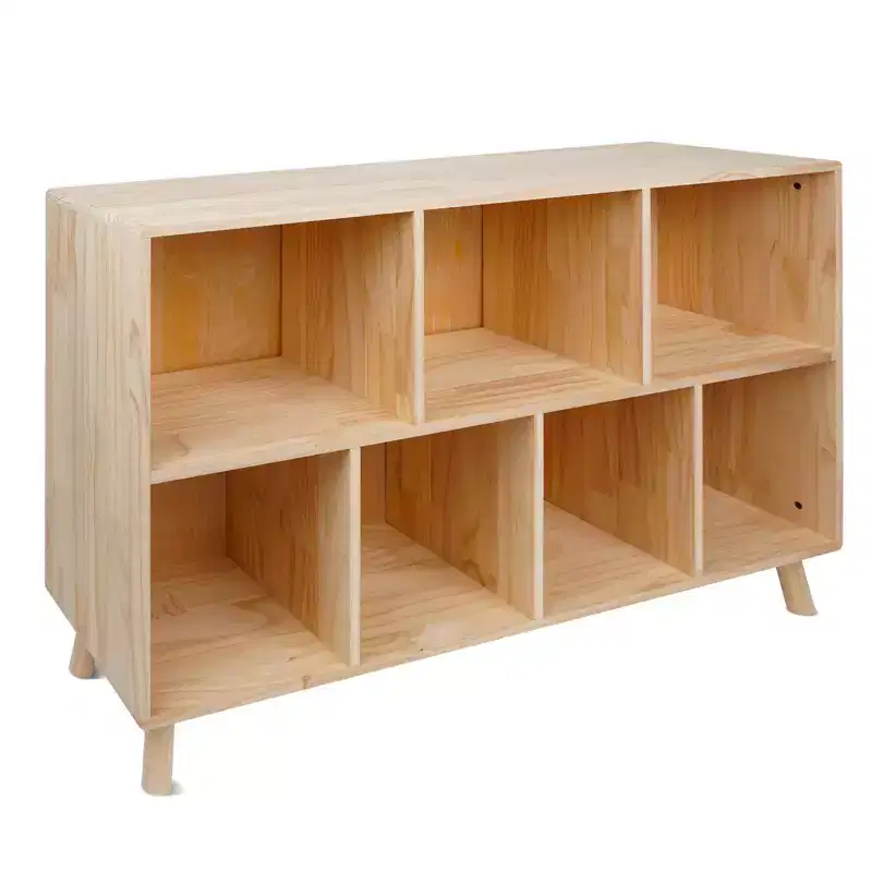 Pine Wood 7 Cube Book Shelf with Legs, Freestanding Open Bookcase, Floor Display Cabinet, Open Storage Organizer for Living Room Office Study Room