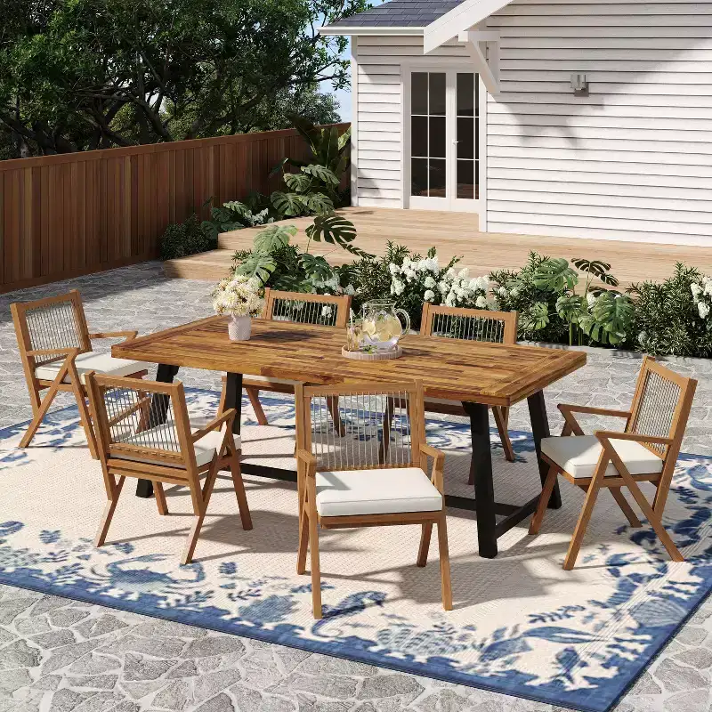 Christopher Knight Home Reynard 7 Piece Outdoor Acacia Wood Dining Set with Rope Back Chairs