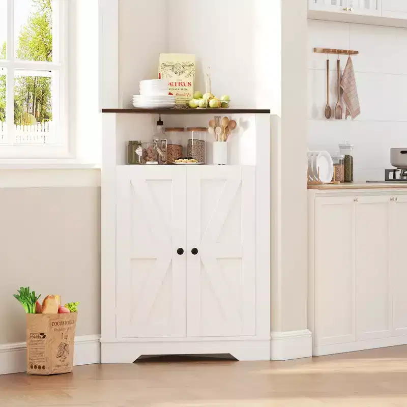 Farmhouse Corner Storage Cabinet with Door and Adjustable Shelf, for Bathroom Kitchen Living Room