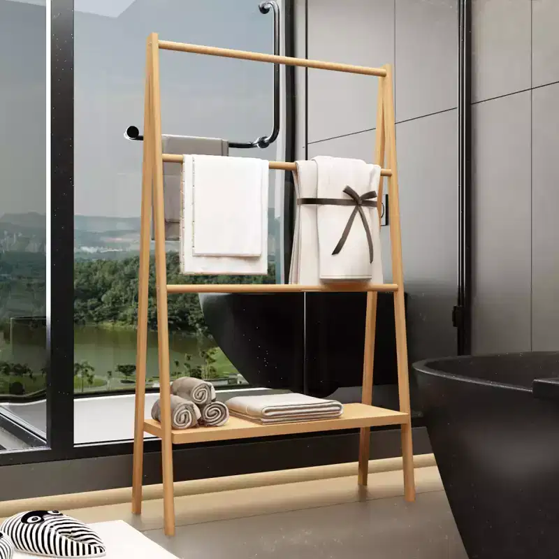 Bamboo Ladder Towel Rack, Freestanding Clothing Rack with Storage Shelf, Bathroom Drying Stand, Display Stand for Bedroom Dressing Room Laundry