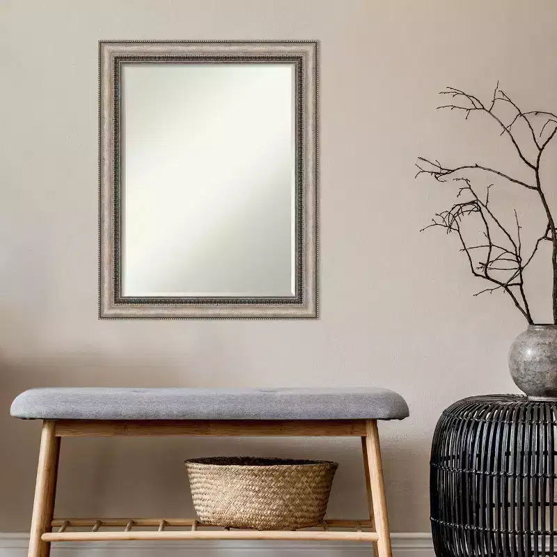 Petite Bevel Bathroom Wall Mirror, Ornate Silver Frame, 22.25