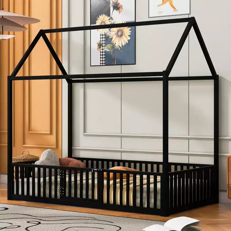 Metal Montessori Bed with Door and Fence Rails, House Floor Bed Frame for Kids and Toddlers