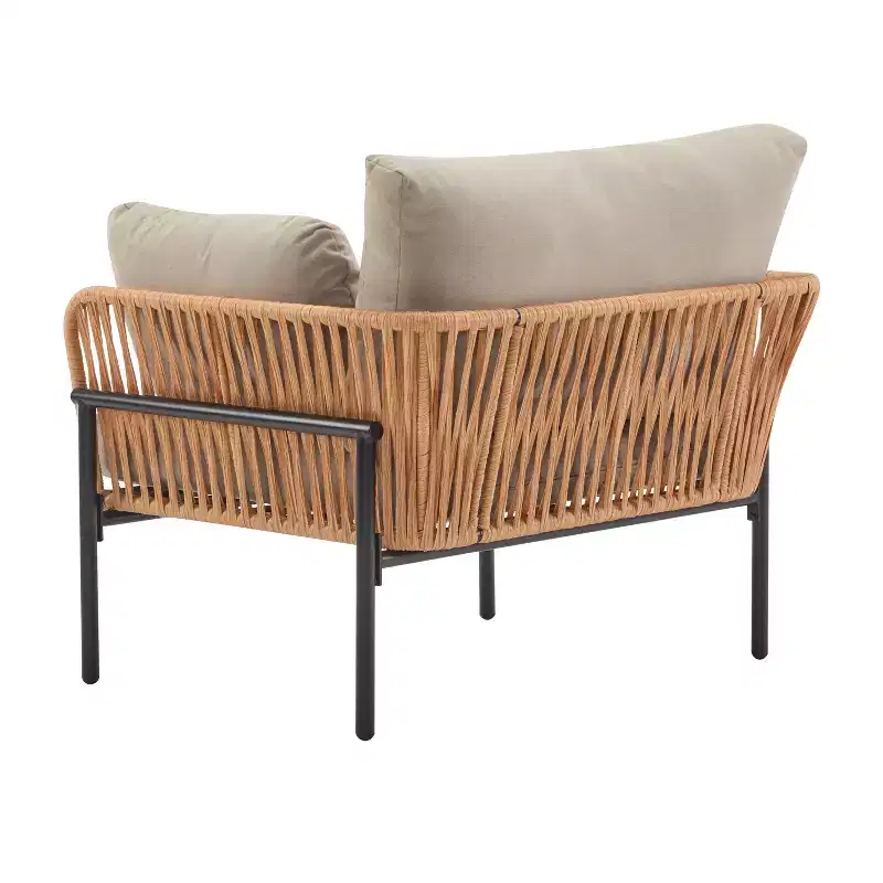 36W Patio Accent Chair Lounge Chair Arm Chair with Cushions, Pillows and Stylish Rope-Weave Design, Iron, Beige+Grey/Natural-ModernLuxe