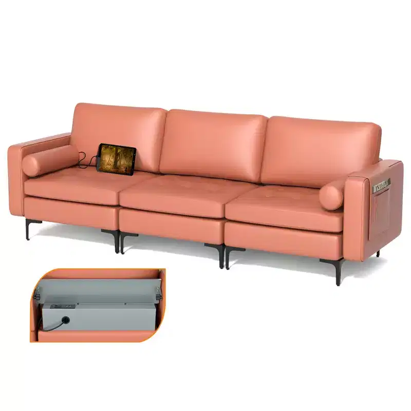 Costway Modular 3-Seat Sofa Couch with Socket USB Ports & Side Storage Pocket Coral Pink/Grey