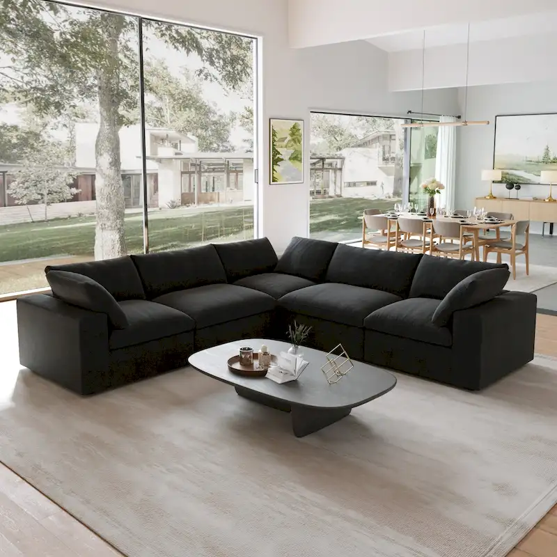 Black Commix Down Filled Overstuffed Sectional Sofa with Ottoman