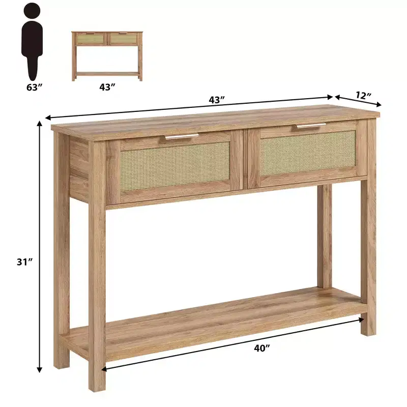 Rattan Console Table with 2 Storage Drawers, Boho Entryway Sofa Table for Living Room Hallway Foyer