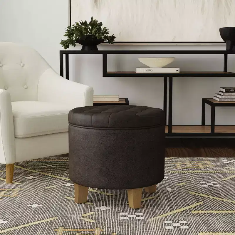 Round Tufted Storage Ottoman, Faux Leather