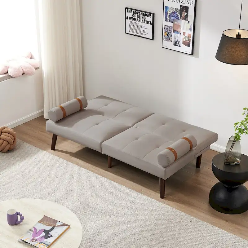 Convertible Sofa Bed Futon with Solid Wood Legs Linen Fabric Musterd Green