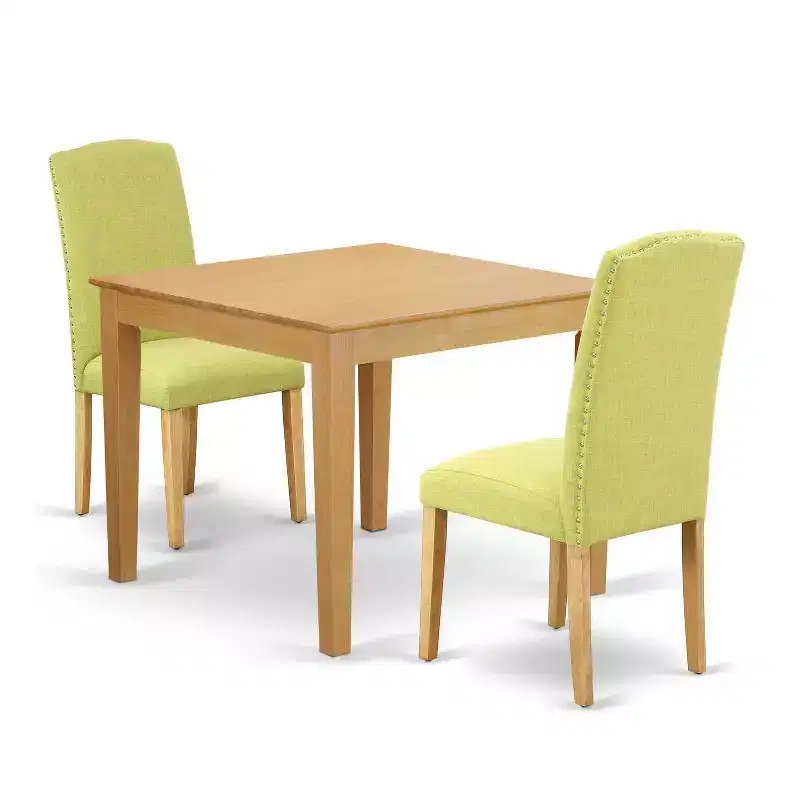 Rustic Dining Set 3Pc Square Table & 2 Parson Chairs - Oak Legs, Linen Fabric - HomeStock