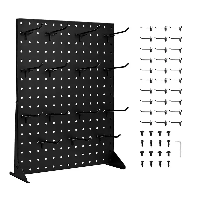 Pegboard Display Stand, 17 x 13 Inch Tabletop Pegboard Display Stand with 30 Hooks, Thickened Cold-Rolled Steel Peg Board Panel, Black