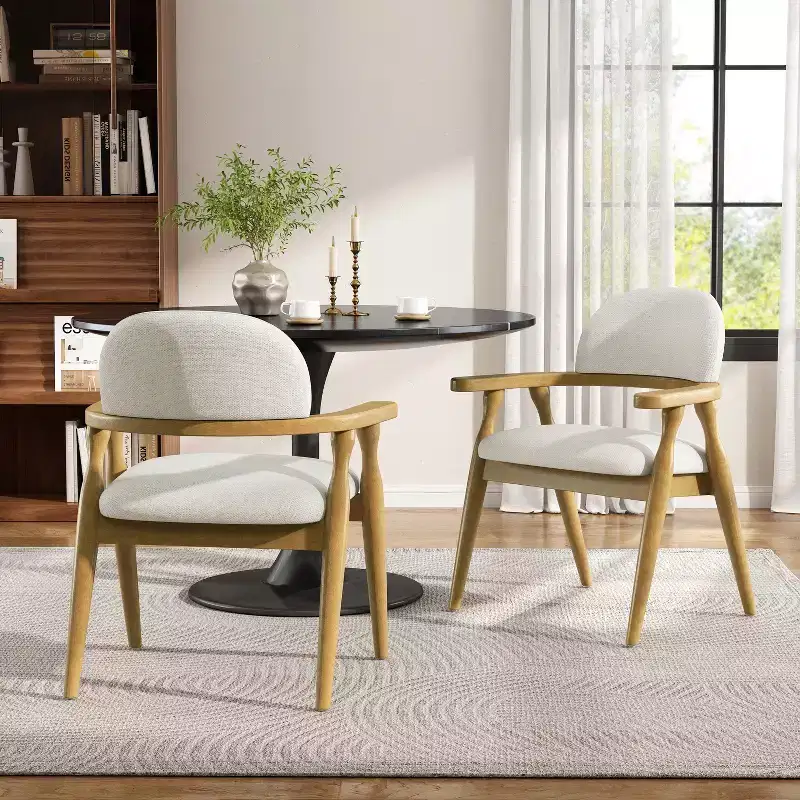 Farmhouse Rubberwood Upholstered Dining Chairs with Curved Backrest