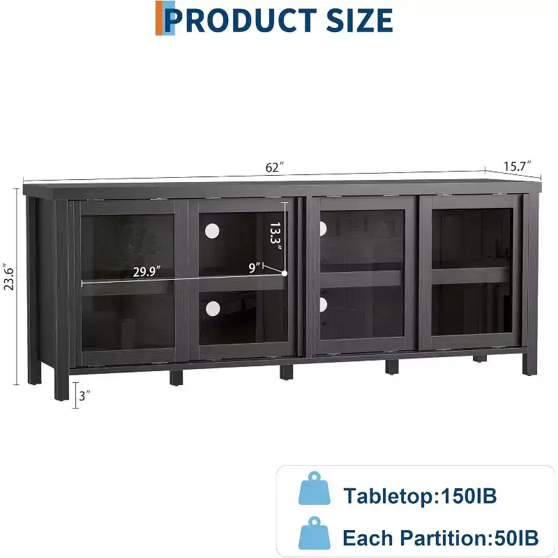 65 Inch TV Stand, Entertainment Center with Storage and 4 Sliding Glass Doors, Mid-Century Modern Media TV Console Table for Living Room