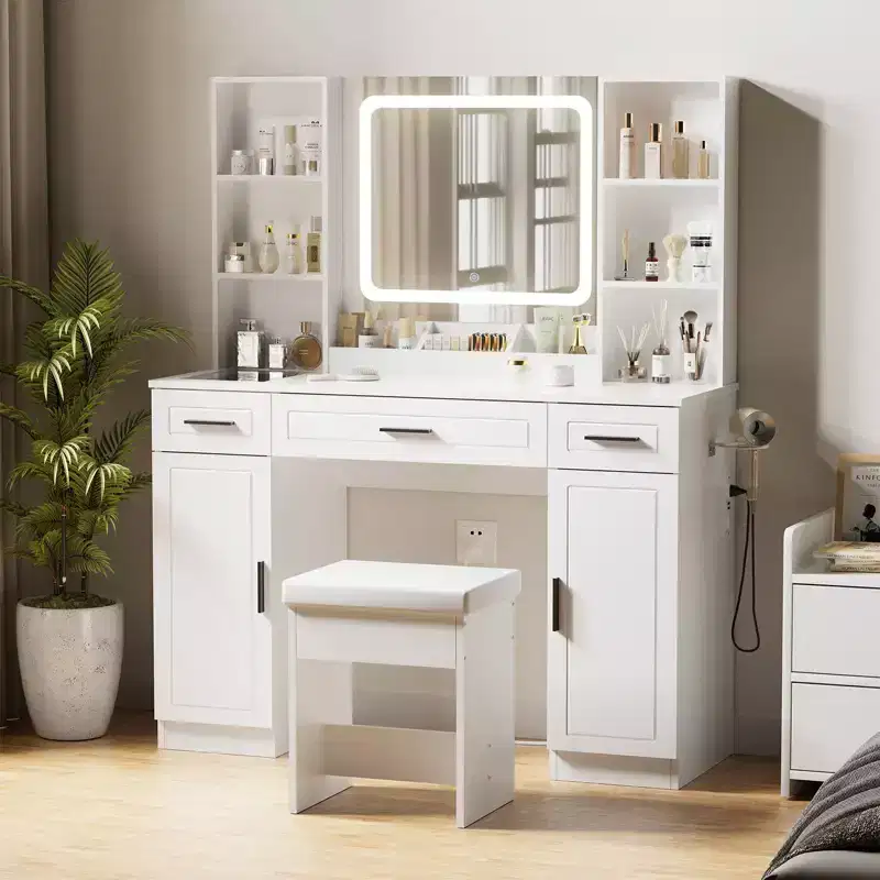 Hommpa Makeup Desk Vanity with Charging Station and Storage Shelves White Two Cabinet