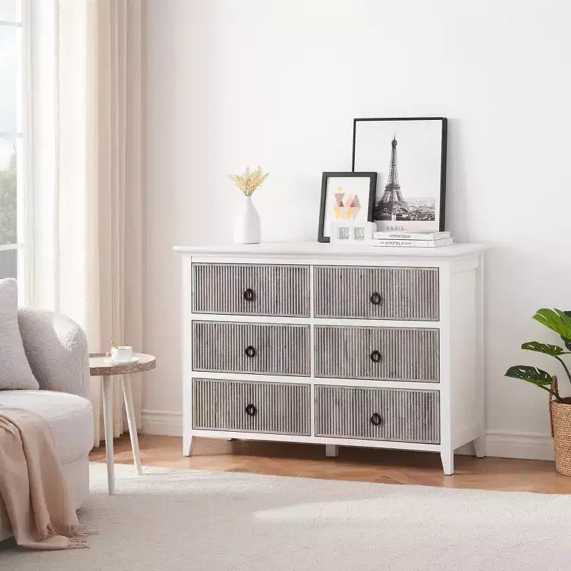 6 Drawer Dresser for Bedroom, Dresser with Wave Fluted Design, Spacious Wooden Storage Chest, Suitable for Bedroom, Living Room, Hallway