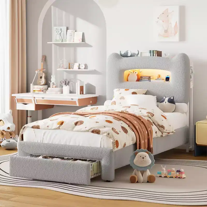 Upholstered LED Bed Frame, Platform Bed with Drawers and Storage Headboard for Kids/Girls/Boys, Heavy Duty Support, No Box Spring Needed