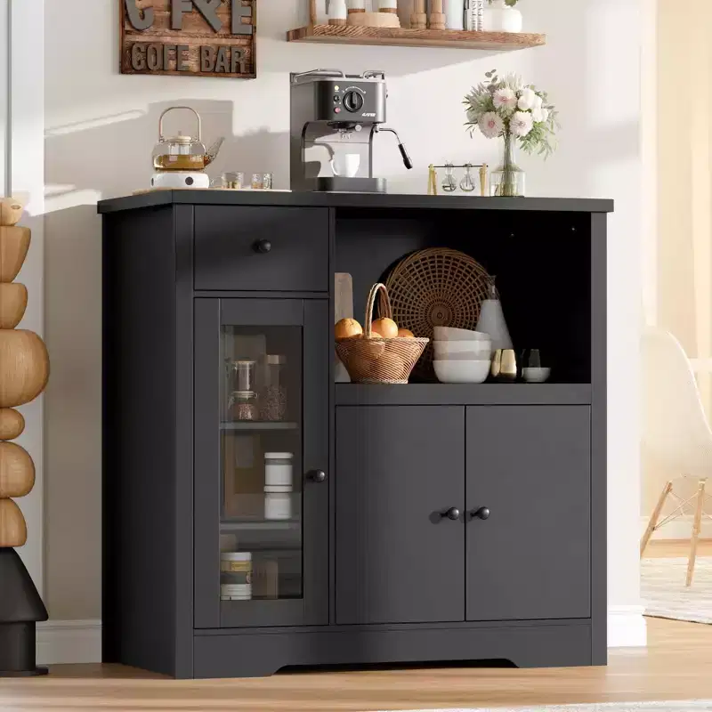 Kitchen Microwave Cabinet with Storage, Buffet Sideboard with 3 Doors, 1 Drawer and Adjustable Shelves