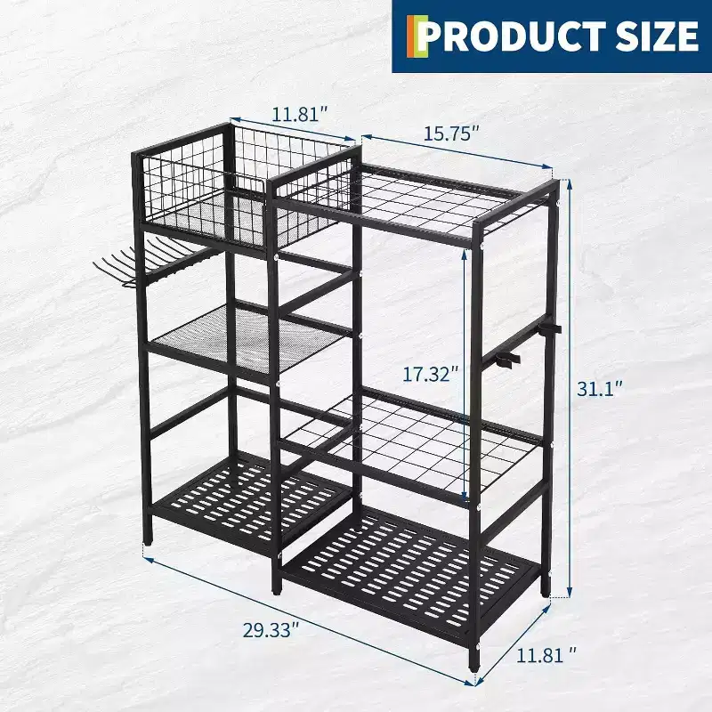 3-Tier Heavy Duty Garden Tool Organizer Rack - 35 Slots & Hooks, Steel, for Garage & Shed